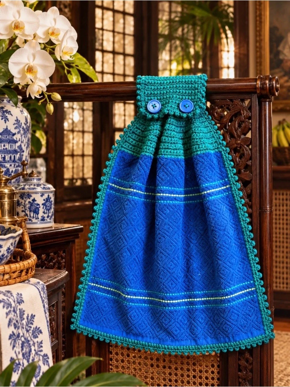 Handmade Crochet Hanging Kitchen Towel Royal Blue Teal Mainstays